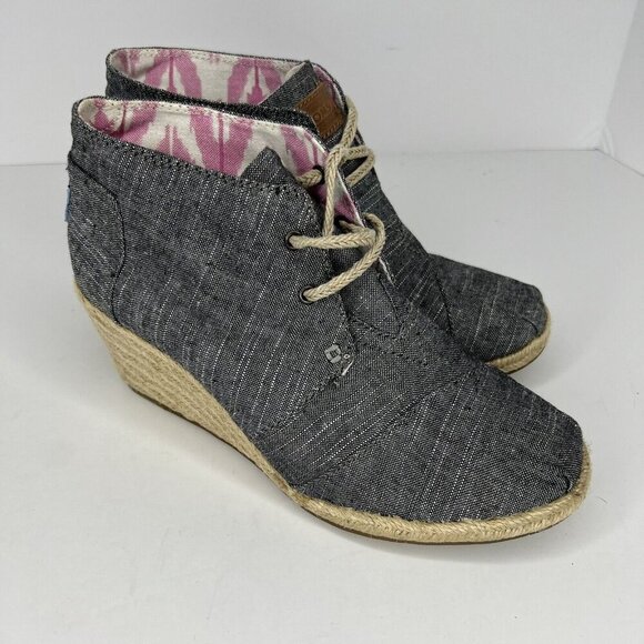 Toms Desert Wedge Ankle Boots Womens Size 7.5 Chambray Gray Espadrille Lace-Up - Picture 2 of 7